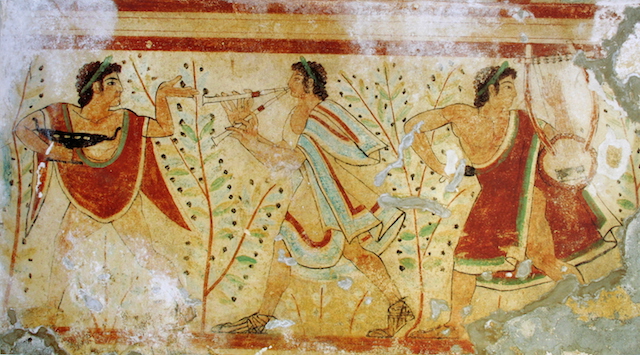 Tomba del Tuffatore, Detail der Südplatte, 490-480 v. Chr. Entn. aus.: Angela Pontrandolfo, Agnès Rouveret, Marina Cipriani, Le tombe dipinte di Paestum, Paestum 2004, 19. Fotonachweis: Dalmazio Voza.